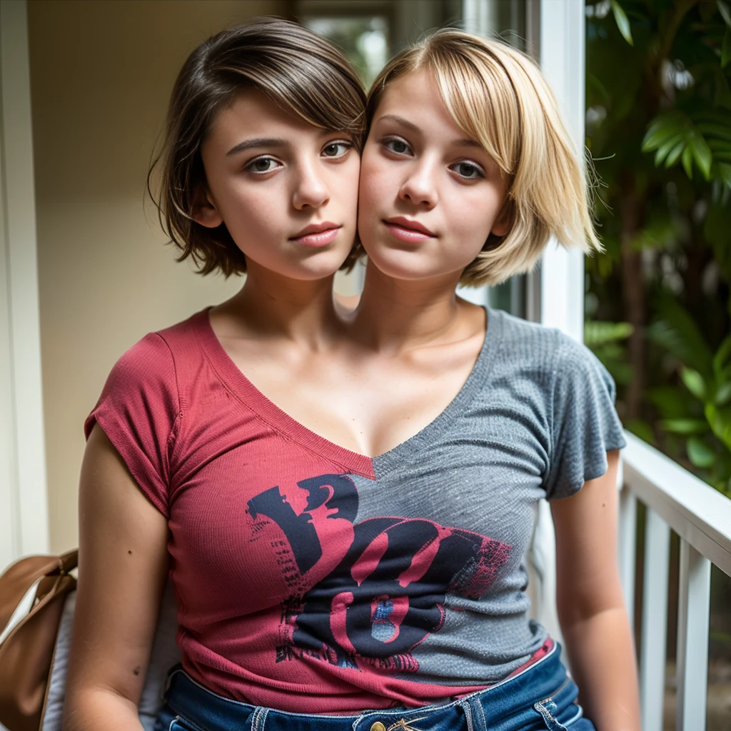 countryside, grass field, Warm daylight, Relaxed atmosphere, 2 girls, high school girls, lesbian, hugging, 13-years old, Completely naked body, White running shoes, Shows , topless, bottomless, standing, beautiful innocent face, short hair, blonde hair, 16k, photorealism, наstandingщее фото, Nikon D800,