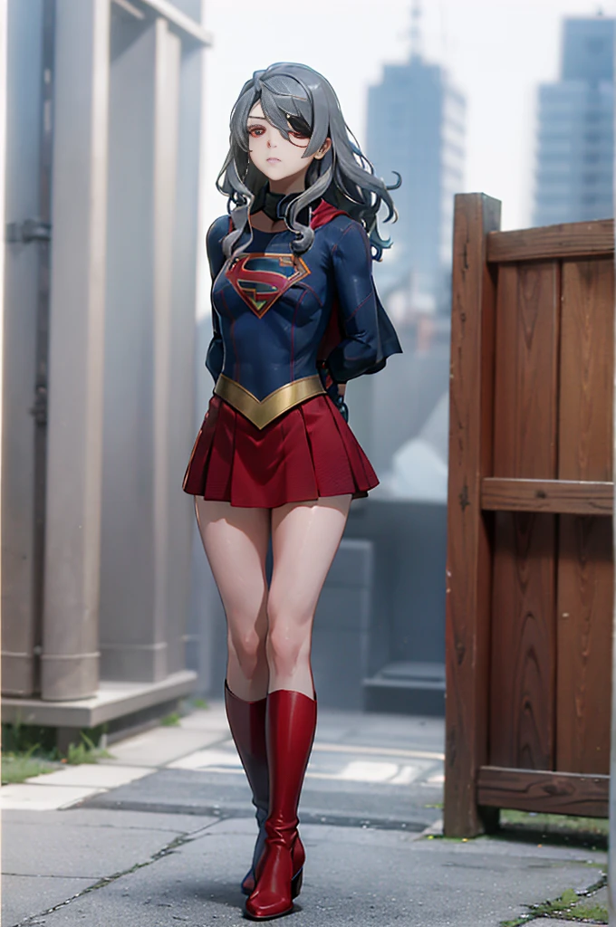 (whole body), (masterpiece:1.2), (Highest_quality:1.2), (Ultra_detailed:1.3), 8k,Low Angle，From below，Big ass girl, Frustrated face，Glare，Watch the audience，Mid-chest, barefoot，Red long boots，3D Rendering,( Supergirl)，Laura Bodewig, Long Hair, (Red eyes:1.3), Grey Hair, Eye patch,Red Skirt，The skirt is short,，A blue leotard is visible under the skirt.，The skirt is blown away by the wind，Red Cape，gloves，Simple Background，White Background，(STANDING BY WOODEN POLE)，Iron Collar, Put your arms behind your back, Iron Cuffs, bondage, bound,