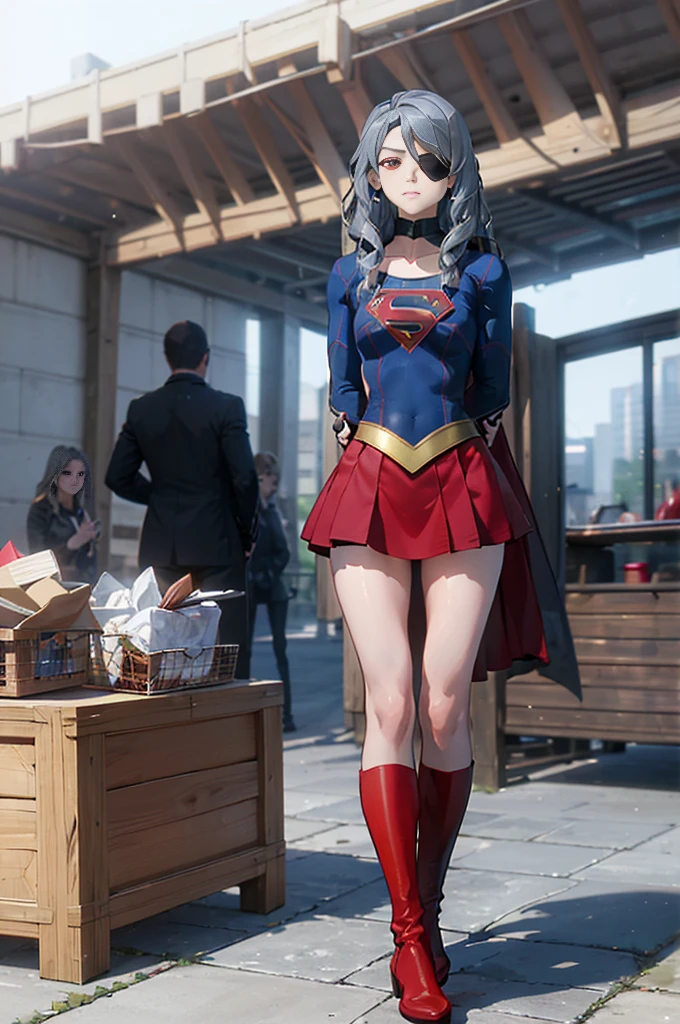 (whole body), (masterpiece:1.2), (Highest_quality:1.2), (Ultra_detailed:1.3), 8k,Low Angle,From below,Big ass girl, Frustrated face,Glare,Watch the audience,Mid-chest, barefoot,Red long boots,3D Rendering,( Supergirl),Laura Bodewig, Long Hair, (Red eyes:1.3), Grey Hair, Eye patch,Red Skirt,The skirt is short,,A blue leotard is visible under the skirt.,The skirt is blown away by the wind,Red Cape,gloves,Simple Background,White Background,(STANDING BY WOODEN POLE),Iron Collar, Put your arms behind your back, Iron Cuffs, bondage, bound,