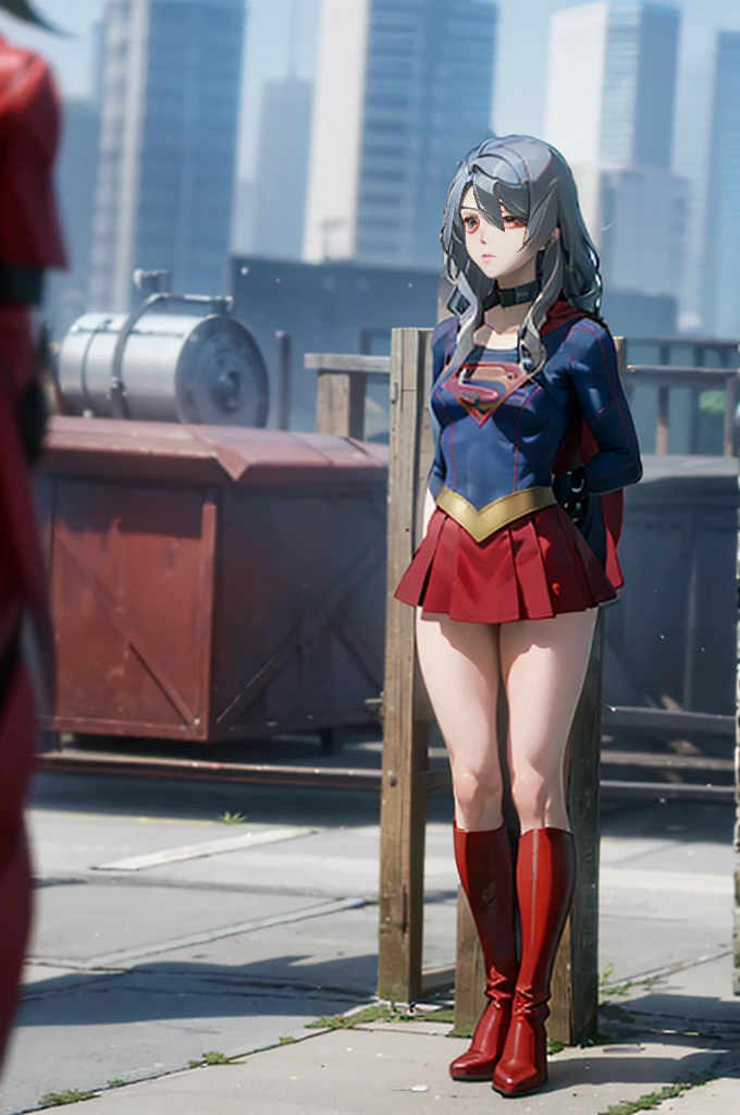 (whole body), (masterpiece:1.2), (Highest_quality:1.2), (Ultra_detailed:1.3), 8k,Low Angle,From below,Big ass girl, Frustrated face,Glare,Watch the audience,Mid-chest, barefoot,Red long boots,3D Rendering,( Supergirl),Laura Bodewig, Long Hair, (Red eyes:1.3), Grey Hair, Eye patch,Red Skirt,The skirt is short,,A blue leotard is visible under the skirt.,The skirt is blown away by the wind,Red Cape,gloves,Simple Background,White Background,(STANDING BY WOODEN POLE),Iron Collar, Put your arms behind your back, Iron Cuffs, bondage, bound,