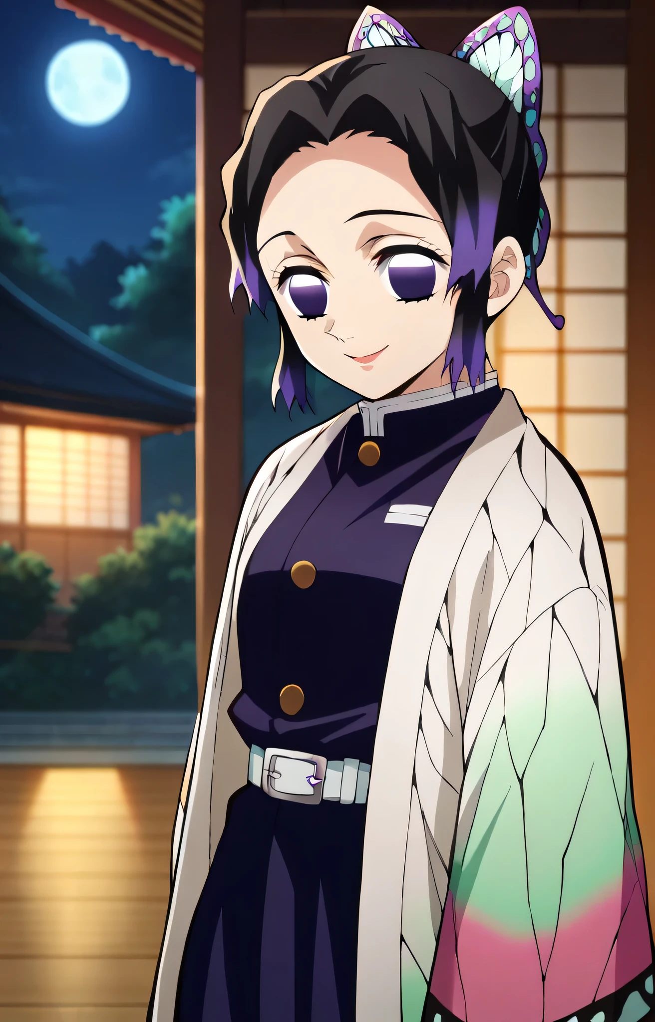 score_9, score_8_up, score_7_up, score_6_up, score_5_up, score_4_up, source_anime, 1girl, official art,
forest , night, (moon:.7), dojo, courtyard,
KShinobuXLV4, 1girl, solo, looking at viewer, light smile, demon slayer uniform, japanese clothes, haori, arms behind back,