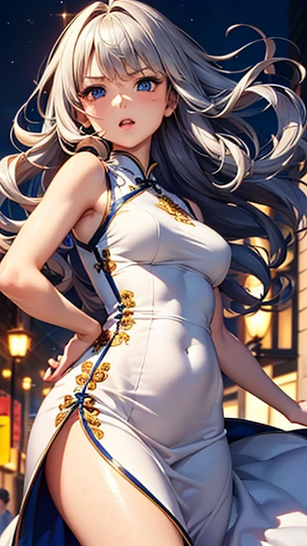A girl is posing for a photo, cute女の子, Enchanting girl, Anime Girls,
(((One Girl, Baby Face, cute, ))),
(A blue and white Chinese dress, Floral embroidery、Tight dress、Long dress)、(Black high heels)、
break
(Beautiful Hair, Shiny Hair, Shiny Hair), ((Silver Hair、Hair blowing in the wind、Wavy Hair、Curly hair、Natural curls)),
(Expression of fine eyes, Beautiful and delicate eyes, Sparkling eyes, Eye Reflexes, black eye, Slanted Eyes),
double eyelid, Long eyelashes,
(Beautiful Nose,Thin Nose),
(Glossy lips, Beautiful Lips, Thick lips),
(Symmetrical facial features, Perfect Face),
break
(Glaring、Screaming、Angry),
(night、(bustling street、congestion)), ((Dynamic Pose、Fighting Pose、Cowboy Shot、Angle from below))
break
(((highest quality)), ((masterpiece)), (Very detailed), (High resolution), (Beautiful sparkle), (High detail), (Anatomically correct)), ((Realistic)),
(The best CG), Highly detailed art, CG illustration, (16k, 1080p), Oil paints, ((Line art)),