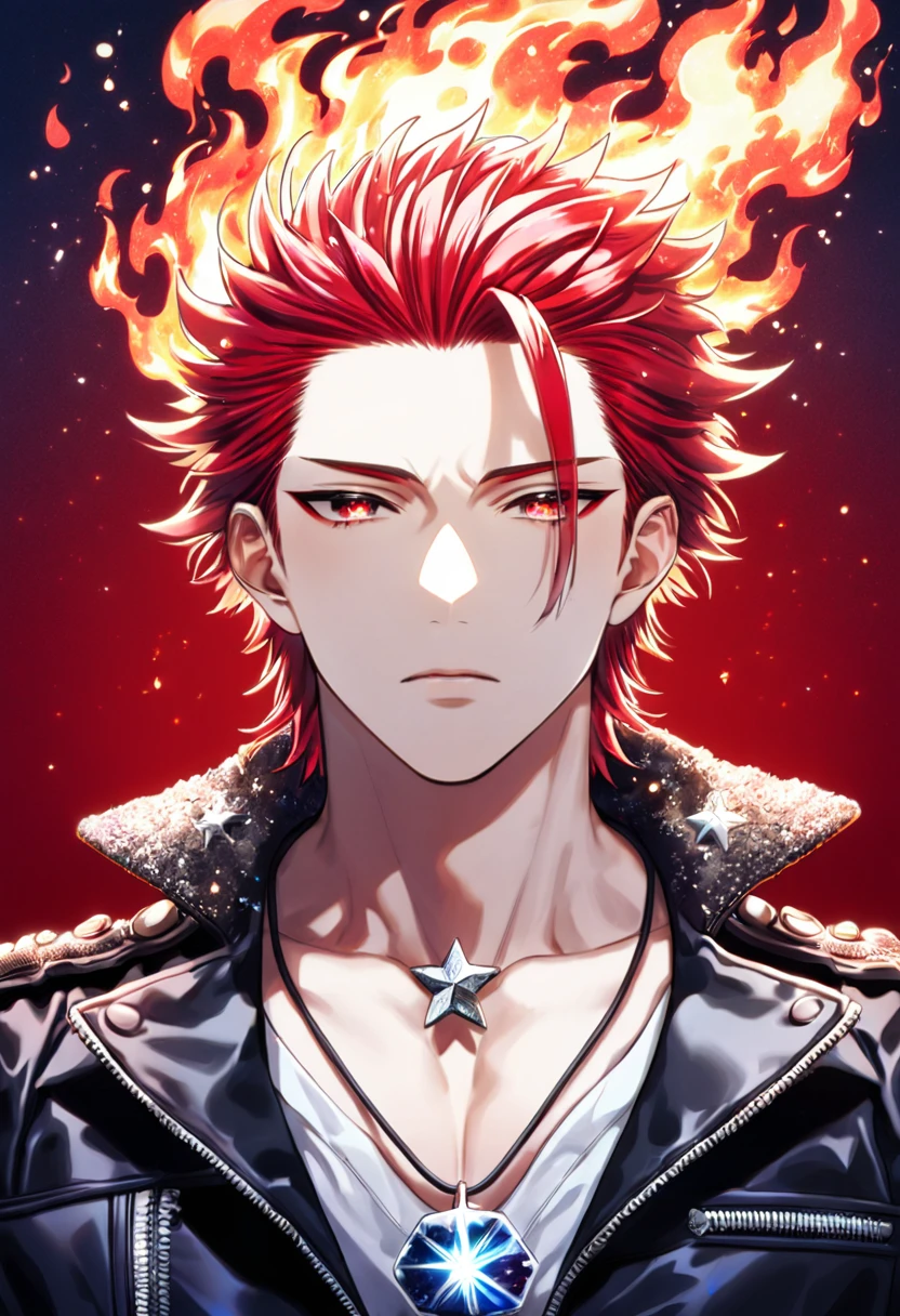 (absurdres, highres, ultra detailed, HDR) master piece, best quality, Suoh Mikoto, red hair, hair is kept short, ruffled, slicked back and spiked, with two strands of hair near the opposite sides of his head falling over face, expressive amber eyes, K Project, solo, sexy man, handsome, black leather jacket with a white fur collar, a white V-neck shirt underneath, silver star-shaped necklace, magical fantasy, red butterflies, glittering, sparkling, flames, radiant, red background, sparkling red fireflies