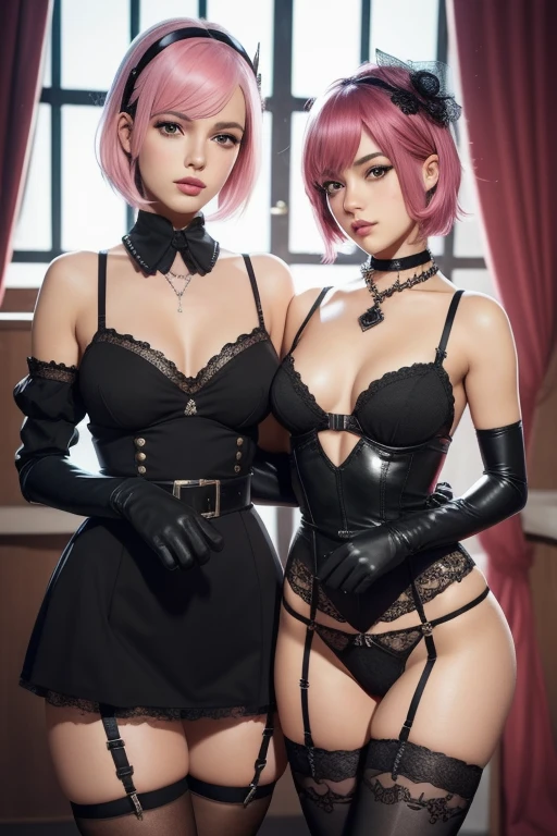 2girls, black hair, black legwear, breasts, elbow gloves, garter belt, garter straps, gloves, hair ornament, jewelry, lips, mole, multiple girls, pink hair, realistic, short hair, thighhighs, window, yuri(extremely detailed CG unity 8k wallpaper), high detail,