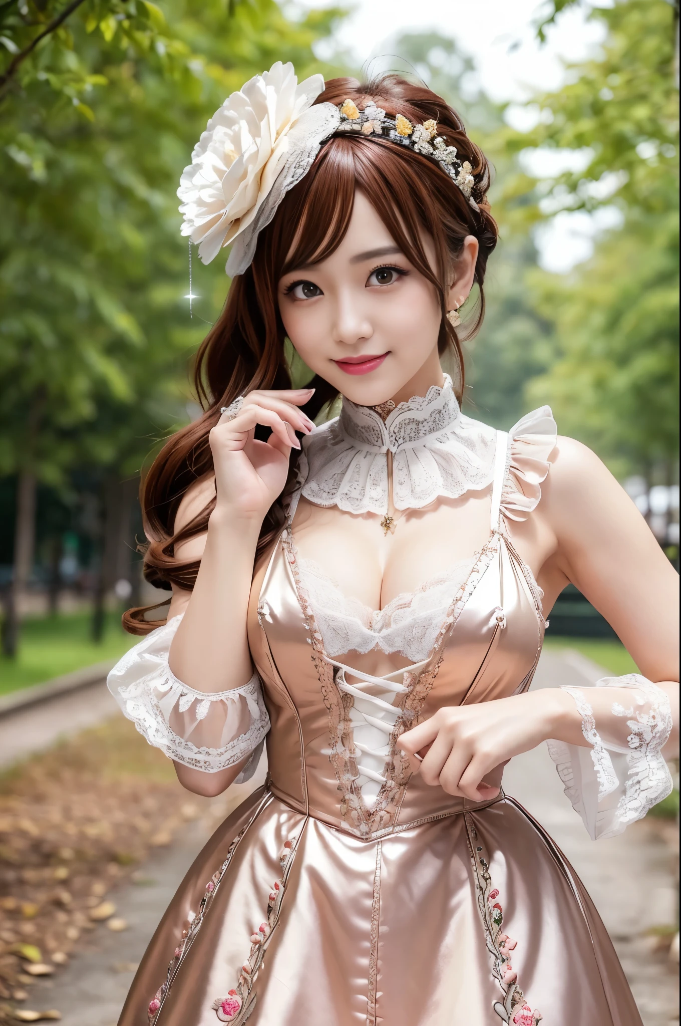 (nsfw), y stylish Thai model, only 1 female, ((doll-like appearance)), short Auburn stylish hair, ((shiny Victorian-Style boots)), (big smile), ultra detailed eyes, vivid eye makeup, lipgloss, long lashes, defined eyebrows, ((sexaradise Kiss cosplay)), bell-shaped skirt, petticoats, high neckline, puffedeves, ((ultra detailed lace)), ((ultra detailed embroidery)), intricate details, Paradise Kiss accessoires and matching headpiece, choker, ((large sparkling Paradise Kiss jewelry)), cinematic light, detailed large park background with trees