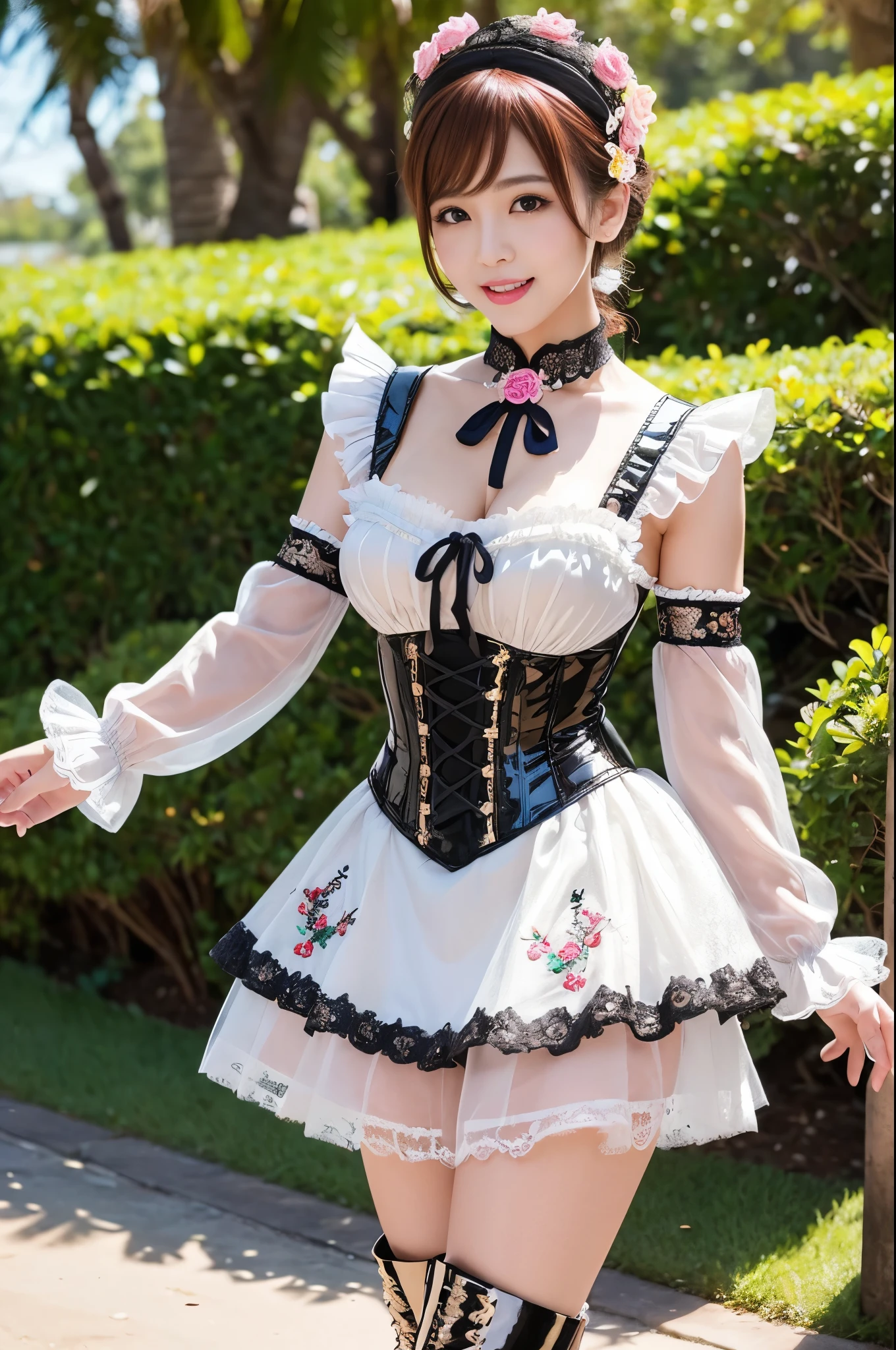 (nsfw), y stylish Thai model, only 1 female, ((doll-like appearance)), short Auburn stylish hair, ((shiny Victorian-Style boots)), (big smile), ultra detailed eyes, vivid eye makeup, lipgloss, long lashes, defined eyebrows, ((sexaradise Kiss cosplay)), bell-shaped skirt, petticoats, high neckline, puffedeves, ((ultra detailed lace)), ((ultra detailed embroidery)), intricate details, Paradise Kiss accessoires and matching headpiece, choker, ((large sparkling Paradise Kiss jewelry)), cinematic light, detailed large park background with trees 