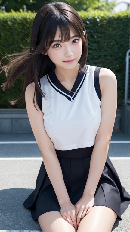 8K、Detailed Description、Very high definition、Realistic、reality的、Real、live-action、reality、High resolution、Nogizaka46、japanese idol,beautiful girl、21 years old、White sleeveless lacrosse uniform、Knee-up-top angle of view、Mouth closed、Lacrosse court、sunny、Strong winds、Straight Long Hair、Headband、Very black hair、Pastel yellow flared mini skirt、Her skirt is flipped up、Hair blowing in the wind、pretty girl、Beauty、Large Breasts、Glowing Skin、Glowing Skin、Shiny Hair、Very white skin、Heavy makeup、Embarrassed、Shyly、Slit eyes、Big Eyes、Double eyelids、Smile without showing your teeth、Arms folded behind back、clear、Looking up、Peeking into this