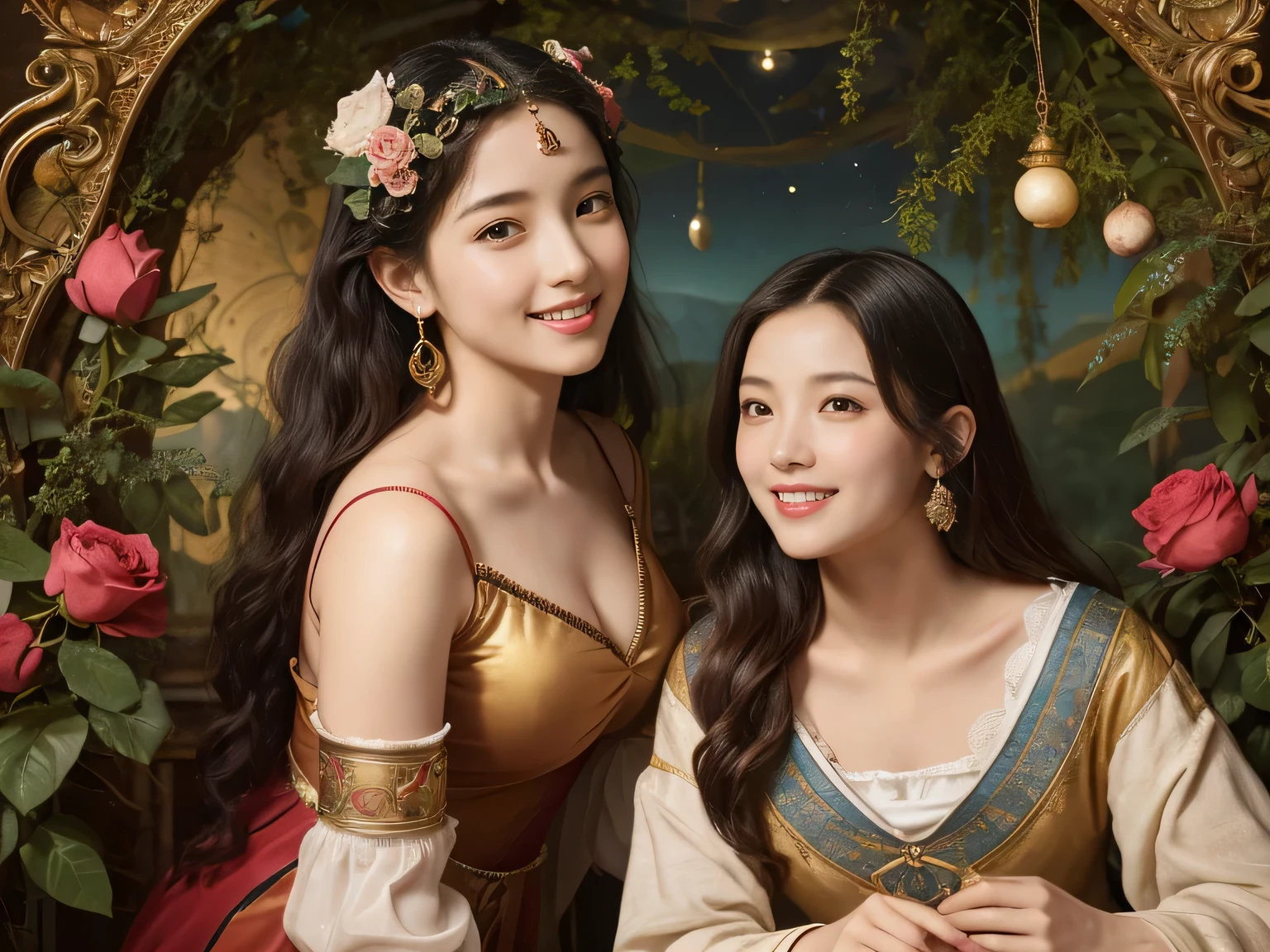 Giorgione painting style,Arguments of two female Philosophe,math、astronomical machine、astronaut、roses in vase、fruits、Cute trinkets、smile、ancient greek costume、Background is a forest lake at night 、Clothes that stretch your shoulders、A big smile、beautiful bare skin、A detailed representation of the seducing woman throughout her body.