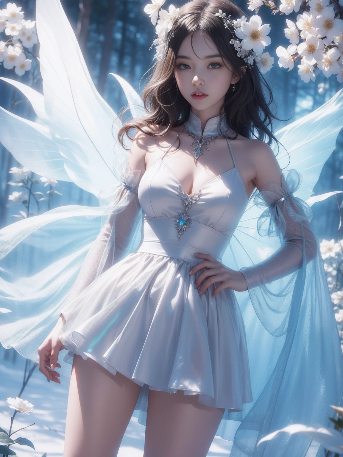 couple up with cryptic girl & explore dimensions, skirt，Iridescent colors，(Flower Fairy)，(Rich colors)，spring，Arthur effect, Transparent body, Gradient translucent glass melt, Caustics, Clear glass texture, Iridescent colors, design：Dietrams, Simple, Shining in every detail, White background, industrial design, Studio Lighting, c4d, OC Renderer, Beautiful shadows, 4K