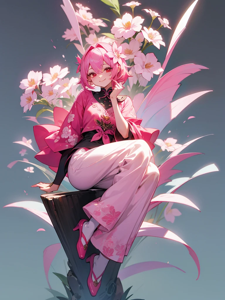 1girl, pink hair, red eyes, flower motifs, smile, full body, seated