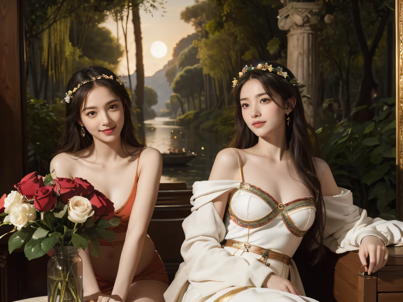 Giorgione painting style,Arguments of two female Philosophe,math、astronomical machine、astronaut、roses in vase、fruits、Cute trinkets、smile、ancient greek costume、Background is a forest lake at night 、Clothes that stretch your shoulders、A big smile、beautiful bare skin、A detailed representation of the seducing woman throughout her body.