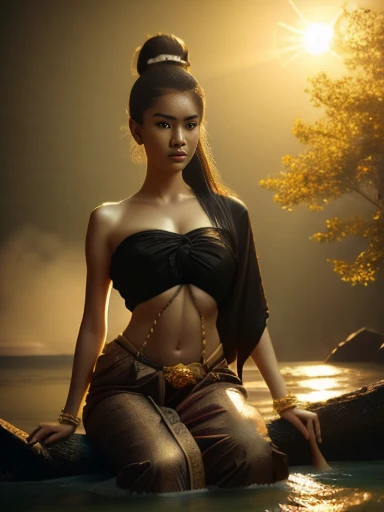 beautiful girl , beautiful girl ,Thai woman, 25 years old, legs open, bare chest,,Ponytail, long hair,Floating up,)) black eyes,abdominal muscles, plump body, Overflowing breasts, large nipples overflowing., rift, morning sun, staring at the viewer, (sexy poses), ((facial details)), Double eyelids, 3D photography, 8k, 45,000,000,000 pixels, (digital painting, hdr, high contrast