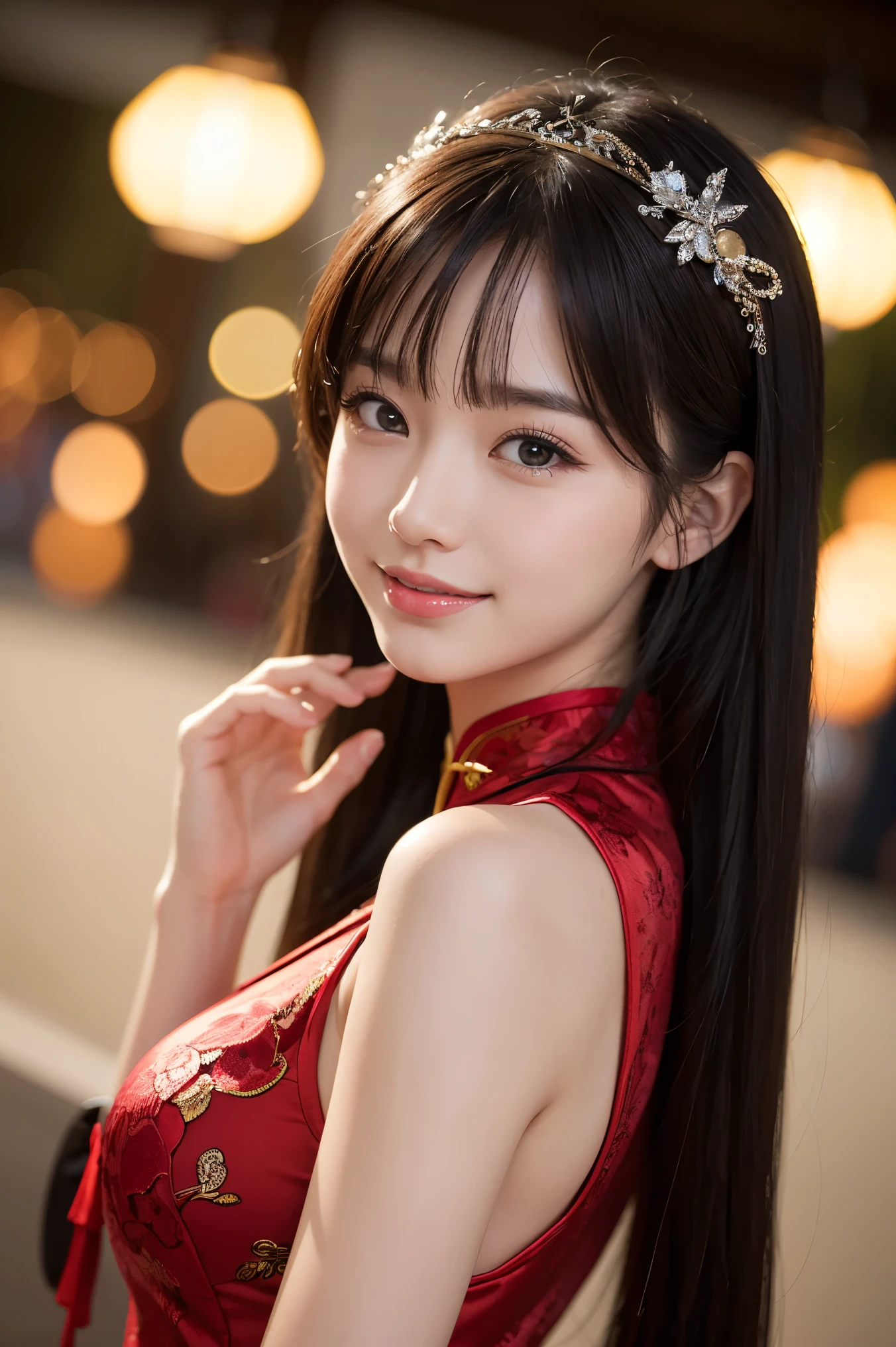 high resolution、cheongsam 、Chinese service、Elegant and beautiful texture、RAW photos、16K、(Bokeh:1.3)、 18 years old、Chinese、Pretty Face、（A big smile：1.1）、Juicy lips 、Super detailed、high resolution、A girl、whole body