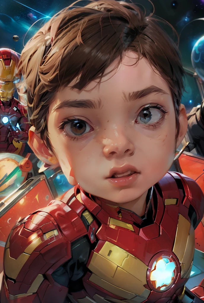 Sinthpaint. Cinematic Cartoon style. Comic art. TME0224 face, (((a baby boy, ***))) in a funny night, brown eyes, (((wearing a red Iron-Man costume))). (((Comic cosmic space with stars background))). cinematic lighting, drop shadow, masterpiece, UHD, anatomically correct, textured skin, super detail, high details, high quality, best quality, 4K