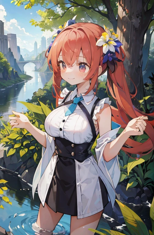 (masterpiece, highest quality:1.3), One girl, Big Breasts, morning, river, water, forest, Halter neck, Are standing, Both sides up, Chestnut Hair, Iris, Happy tear, smile, Happy,