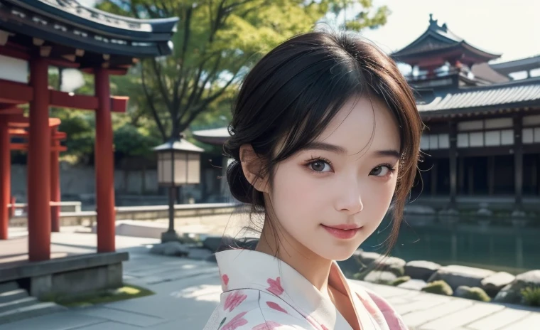 ((20-year-old))、yukata、(highest quality,masterpiece:1.3,超A high resolution,),(Super detailed,Caustics),(Realistic:1.4,RAW shooting,)Ultra-Realistic Capture,Very detailed,High resolution 16K human skin closeup、 The skin texture is natural、The skin looks healthy、The color is also uniform..、 Use natural light and color,1 girl,Black Hair,,smile,,(Written boundary depth、chromatic aberration、、Wide range of lighting、Purely Japanese face、Small eyes、Kyoto cityscape、dusk