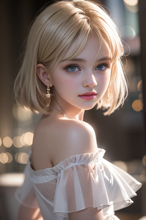 (( Face facing straight ahead:1.5)),Bright expression、Young and shiny white glossy skin、Best Look Rondo Reflective Light、Platinum blonde hair with dazzling highlights、Bright shiny hair,、Short Straight Hair、Shiny beautiful bangs、輝くクリスタルクリアな魅力的な大きな青いeye、Very beautiful and lovely cute 15 year old girl、Bust,緻密で美しいeye, Beautiful and detailed nose,(( Face close-up:1.5)),No makeup、,(Women like Emma Watson)、Royal Style，Comic book style, , Scattered under the surface, Gorgeous details, Nature background, Detailed eyelashes, ((Cinematic)), Dramatic lighting, Tabletop、((Sheer off-the-shoulder white shirt dress:1.4))、(Loose perm:1.4)、1 girl、((Bob Hair:1.3))、Ultra Realistic 8k CG, 絵に描いたようなperfection顔, perfection, clean, Tabletop, Professional artwork, Famous works, perfection顔, Beautiful Face, 美しいeye, ((perfection女性の体)), alone,(Immersive atmosphere, Chiaroscuro:1.5,Bright light:1.2,Bright lighting),(blush:0.5),A dreamy look,Very detailed_eye,Beautifully detailed backgrounds,Written boundary depth,Realistic:1.3, (Zhou Haoguang:1.3),(Cinematic composition:1.3),(Neon Light:0.1),(大きなeye:0.1),Accent lighting, Soft Light,
