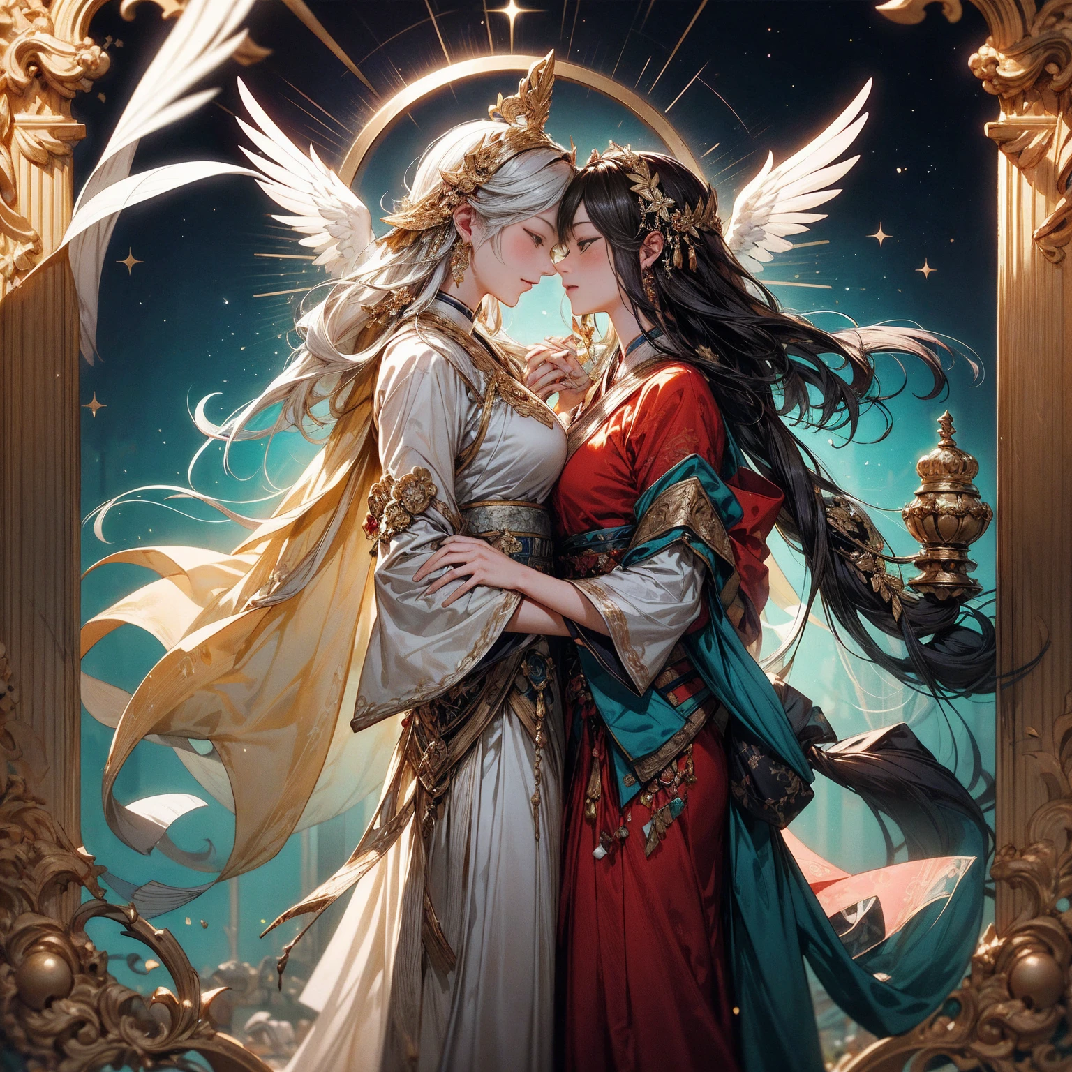 「Yab-Yum」A huge Roman emperor named Constantine I「great」A cute girl from the Land of the Rising Sun snuggles up to the head of the statue。they are a happy couple、full of love。Their love is、It transcends the shackles of faith and religion。That love is、It's a microcosm that lives within garden quartz、It's a galaxy、It's a clear sky before dawn。Their relationship unfolded in a tranquil time、Marble floor and colorful ores、diamond、Morganite、Kunzite、rose quartz、Inca Rose、rhodochrosite、Decorated with jewels of love such as rhodonite。Their love is時空を超えた幸福であり、Has the power of healing, forgiveness, and repentance。They are united in a sacred prayer、That figure is super beautiful and the scale is endless。Their relationship is detailed and elaborate、It links a nostalgic past with an exciting future。Their love is現代的であり、It is a super high quality entity such as Akashic Records and Book of Life。It's a divine digital art、filled with pure light。That love is深い感動を呼び起こし、It's something that brings tears、Symbolizes the happiness of love。They are Aizen Myoo and Cupid、They are like angels of love、It embodies the mercy and wisdom of Shinto and Buddha。their relationship built a lyrical and heart-full world、Has wisdom, compassion, and healing powers。They look like Alma Tadema and Michelangelo、Gustave Doré、Comparable to William Blake's works。They are soulmates and twin flames depicted in tarot cards and oracle cards、It's like a twin ray、Happy Buddha and Buddha paintings、It also exists in Buddha statues。They symbolize the integration of East and West、Tibetan Buddhism or Gandharan style、It is also familiar to the world of tanga。their relationship also touched on the realm of mysticism、It shows their existence as a soul-like。Their love is地上の運命と天界の至福を結びつけ、It's super beautiful and has become a masterpiece。they are humanity's treasure、It symbolizes the truth of the universe。Their appearance became a bridge between the sacred and the secular、It is an iconic, diverse, and colorful entity。that relationship is depicted as digital art、It becomes a sensory motion。It has a sublime meaning、It questions the meaning of living and dying。They embody the light of the Central Sun、The truth of Dainichi Nyorai and the essence of the Rishukyo、Kobo Daishi holds Kukai's prayer。Their appearance resonates with Koyasan's three-dimensional mandala、It embodies the miracles of Komyo Shingon。Their love is密教や天台宗、Transcending the teachings of the Shingon sect、It also extends to regions such as the Taizo Realm and the Kongo Realm。they transcend everything in the mandala、It's the truth itself
