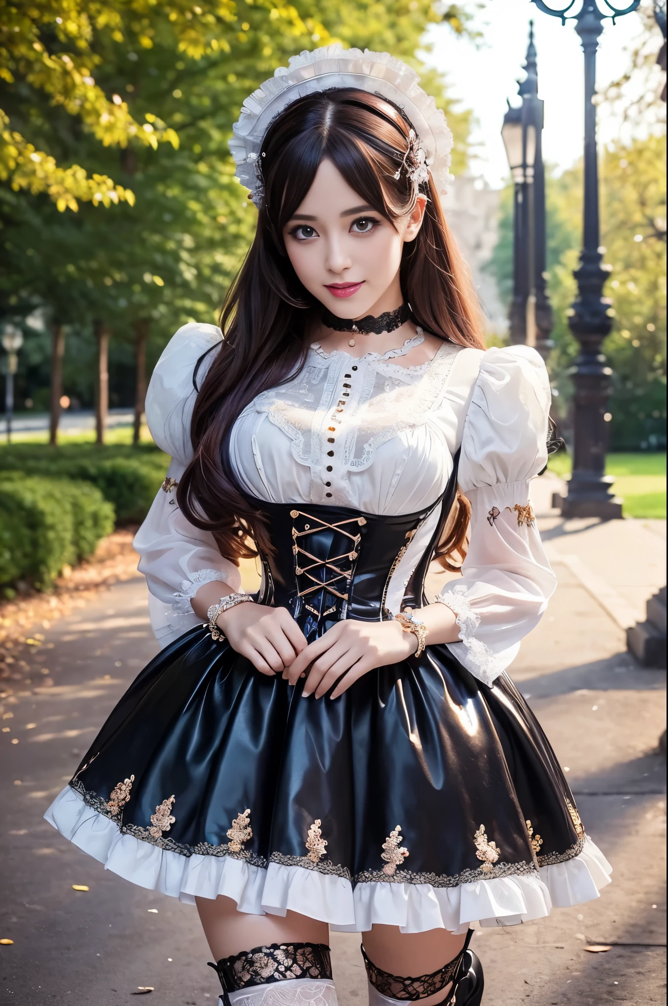 (nsfw), sexy stylish Swedish model, only 1 female, ((doll-like appearance)), long Copper stylish hair, ((shiny Victorian-Style boots)), (big smile), ultra detailed eyes, vivid eye makeup, lipgloss, long lashes, defined eyebrows, ((sexy Paradise Kiss cosplay)), bell-shaped skirt, petticoats, high neckline, puffed sleeves, (( ultra detailed lace)), ((ultra detailed embroidery)), intricate details, Paradise Kiss accessoires and matching headpiece, choker, ((large sparkling Paradise Kiss jewelry)), cinematic light, detailed large park background with trees