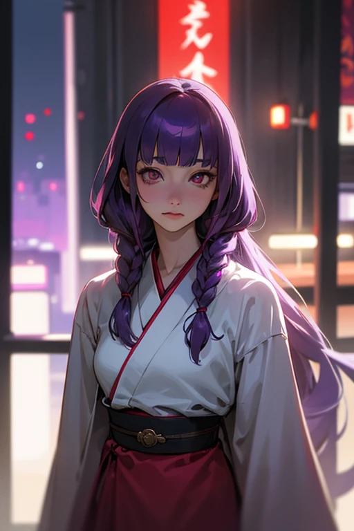 1 girl, Blunt bangs, Braiding, Wide sleeves, hair ornaments, kimono, Red belt, (Purple Hair:1.2), Very long hair, Straight hair, Looking at the audience, Highly detailed background, (Realistic:1.2), Fine Eyes, Red eyeshadow, Written boundary depth,thigh, (Ulzzang-6500:0.7), Upper Body, (alone:1.2), (Cyberpunk City:1.1), Shiny skin、City of night、