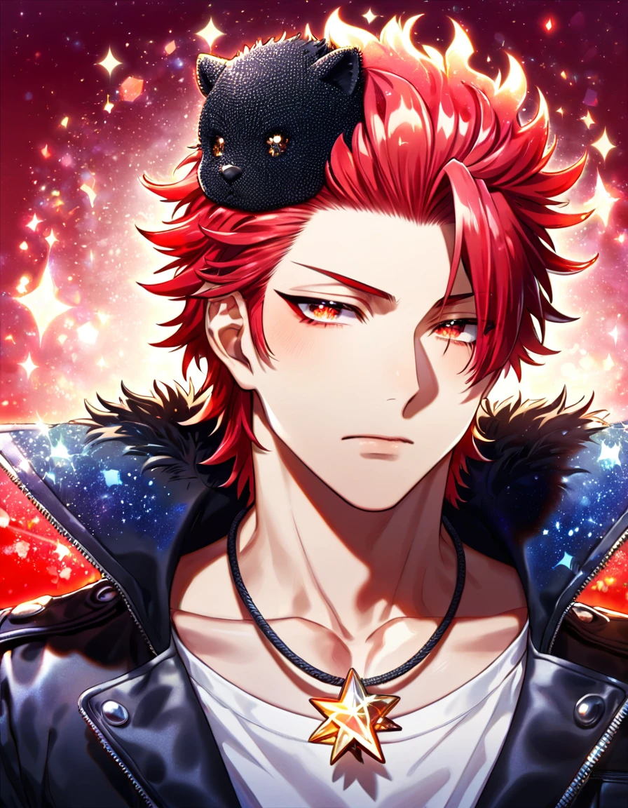 (absurdres, highres, ultra detailed, HDR) master piece, best quality, Suoh Mikoto, red hair, hair is kept short, ruffled, slicked back and spiked, with two strands of hair near the opposite sides of his head falling over face, expressive amber eyes, K Project, solo, sexy man, handsome, black leather jacket with a black fur collar, a white V-neck shirt underneath, silver star-shaped necklace, magical fantasy, red butterflies, glittering, sparkling, flames, radiant, red background, sparkling red fireflies