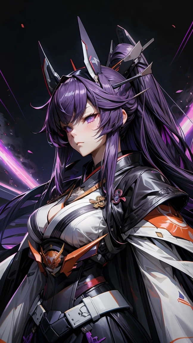 Battleship girl musashi from the Azur Lane mobile game in a purple and black kimono. The chest area is slightly exposed and the hair is long in a hime cut.