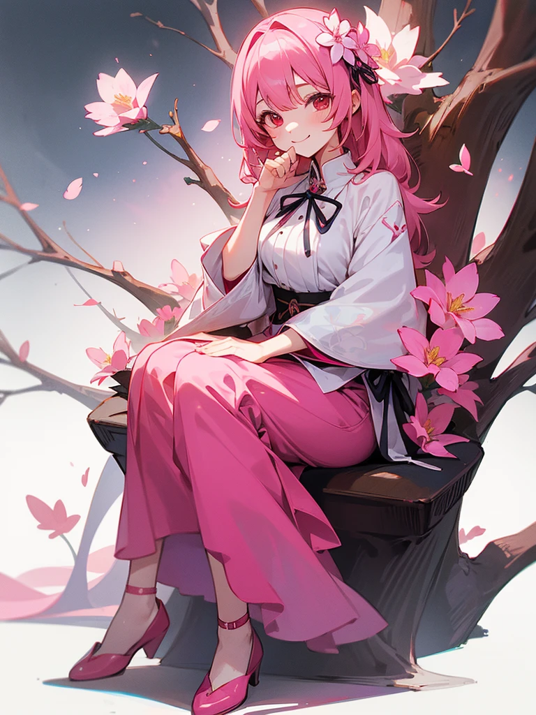 1girl, pink hair, red eyes, flower motifs, smile, full body, seated, onee-san, big sister energy, 