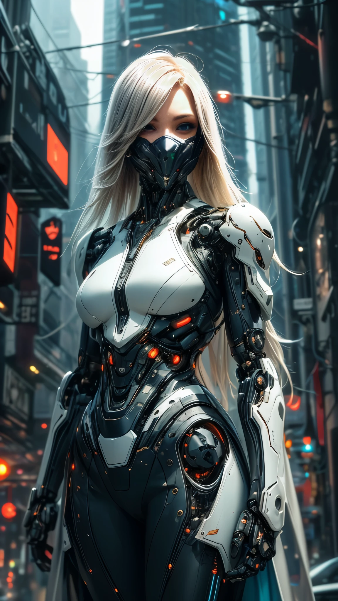 Super realistic, hyper realistic, super detailed, (cyber assassin girl, sort hair, mesmerizing blue eyes, platinum blond hair, full body armor, clothing cutout, foggy background, depth of field, science fiction, (mechanical (mouth mask)), cyborg, intricate detailed mechanical humanoid, cyberpunk, katana placed crosswise on the back:1.3), (neon light background:1.25), masterpiece, best quality, wide-angle Hyperdetailed, masterpiece, best quality, 8k, natural lighting, soft lighting, sunlight, HDR (High Dynamic Range), Maximum Clarity And Sharpness, Multi-Layered Textures