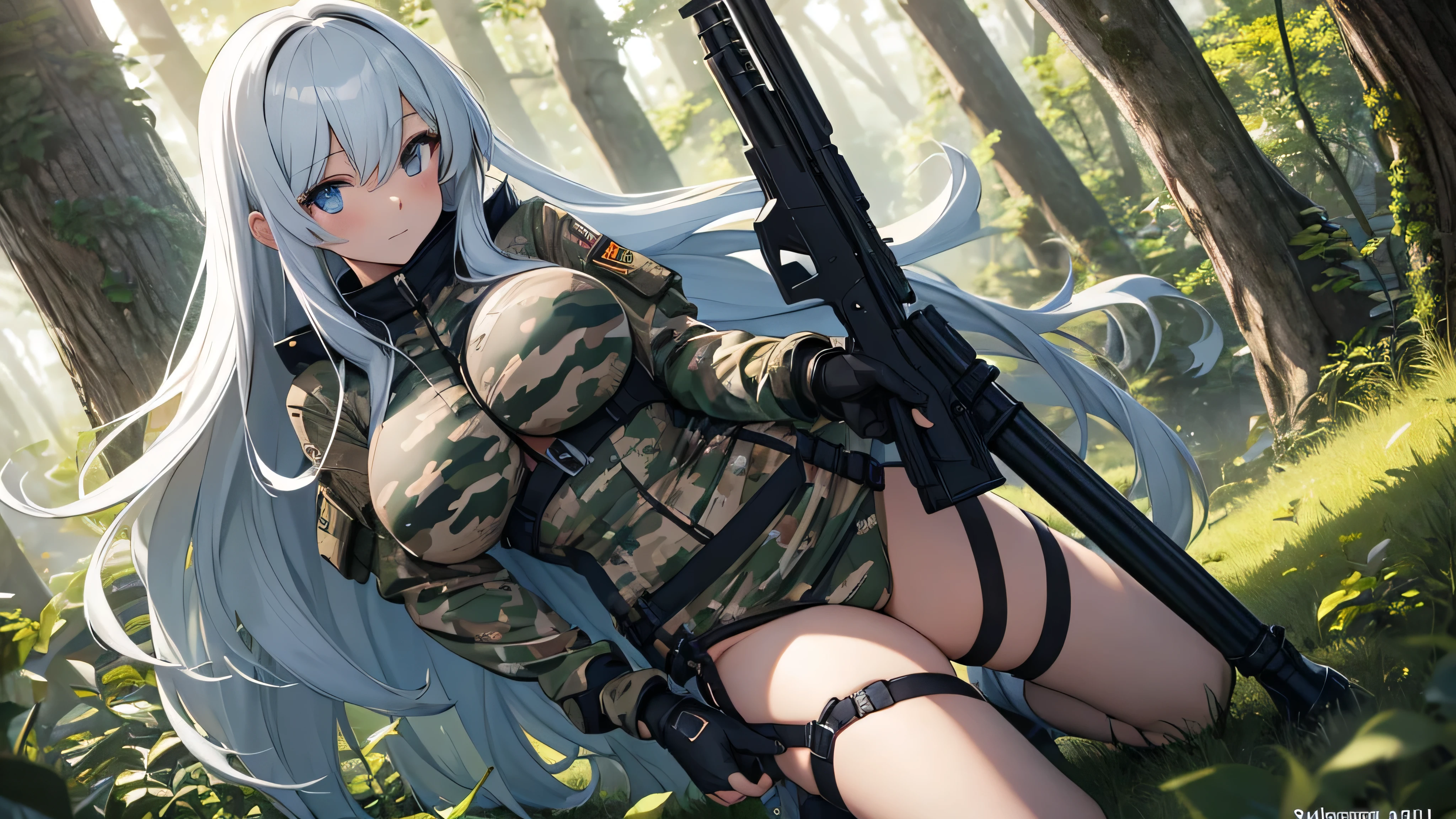 Manga girl with big breasts, white long hair, blauen Auufen, wearing a camouflage suit and holding a weapon. Im Hintergrund ist eine Battle Szene zu sehen.