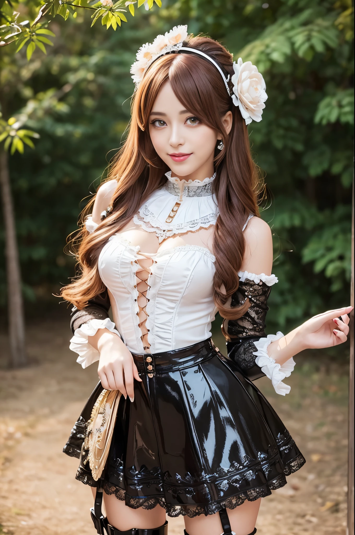 (nsfw), sexy stylish Swedish model, only 1 female, ((doll-like appearance)), long Copper stylish hair, ((shiny Victorian-Style boots)), (big smile), ultra detailed eyes, vivid eye makeup, lipgloss, long lashes, defined eyebrows, ((sexy Paradise Kiss cosplay)), bell-shaped skirt, petticoats, high neckline, puffed sleeves, ((ultra detailed lace)), ((ultra detailed embroidery)), intricate details, Paradise Kiss accessoires and matching headpiece, choker, ((large sparkling Paradise Kiss jewelry)), cinematic light, detailed large park background with trees