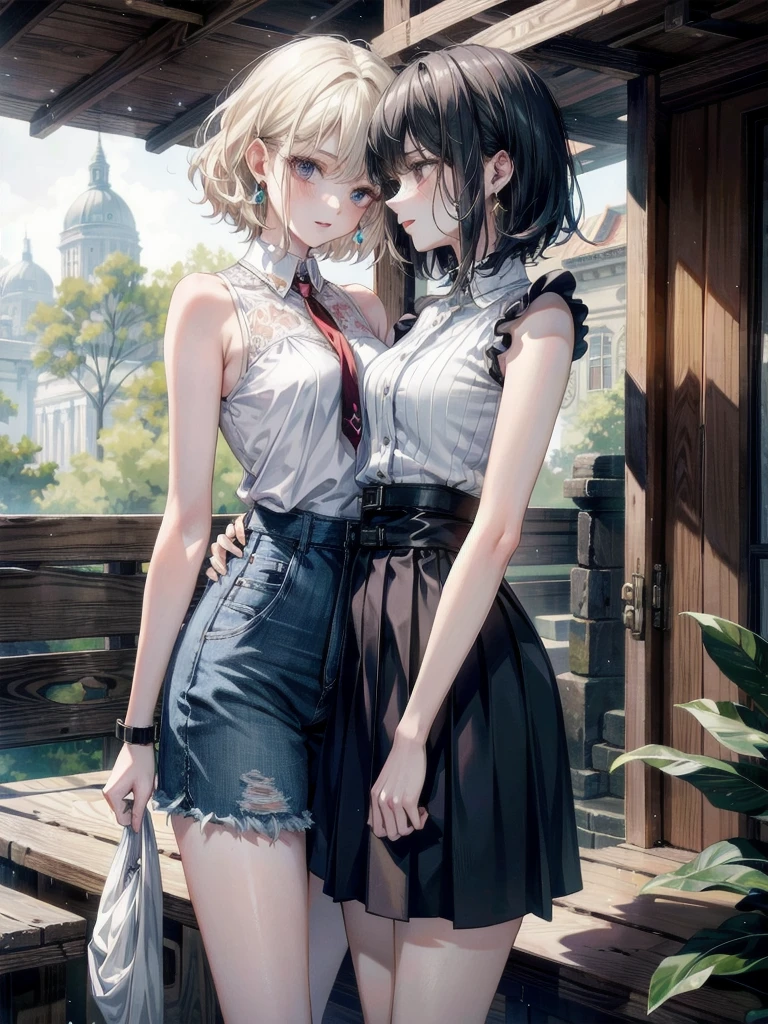 absurdres, RAW photo, extremely delicate and beautiful, masterpiece, Best Quality, ultra high resolution, 32k, hyperrealistic, ultra-detailed, detailed description, perfect anatomy, pale skin, 20 years old, detailed beautiful face and eyes, tearful mole, earring, short medium hair, wavy hair, whole body shot, big tits, yuri, ((2 girls)), plain white shirt,denim shorts, outdoor,