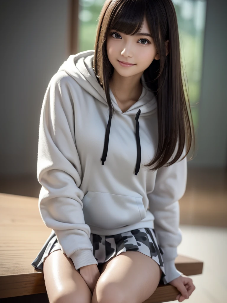 (8k, RAW Photos, highest quality, Tabletop:1.2), (Realistic, Photorealistic:1.4), (Highly detailed 8k wallpaper), Sharp focus, Depth of written boundary, Blur the background, Bokeh, Cinema Lighting, Soft Light, (whole body), 1 girl,18 years old famous Japanese idol, Perfect female body, indoor, (White and grey camouflage hoodie and black micro mini pleated skirt : 1.3), (Long, slender legs), (smile), Glossy lips, Beautiful fine details,Natural Makeup, Shiny, smooth, light brown medium-long hair, Asymmetrical bangs, Shiny skin, Center image, High resolution, Attention to detail, Detailed hairstyle, Detailed face, 素晴らしいCinema Lighting, Octane Rendering, Vibrant, Ultra-realistic, Perfect limbs, Perfect Anatomy