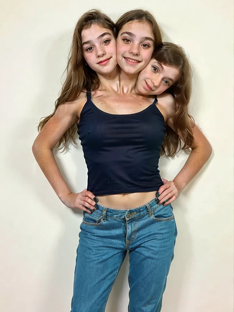 3heads, three headed girl, (one head 13 year old girl:1.5), (one head 10 year old girl:1.5), (one head 40 year old woman:1.5)