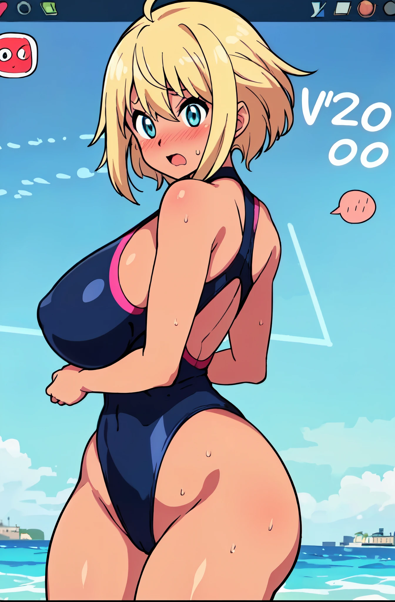 ((Table t○p, highest quality, Hi-Res Lucifer,Anime Screen Capture、Pixel Perfect, 8k, Browsing Caution)))、Perfect Anatomy、((((Brown Skin))))、(((Gal、Huge breasts、Wide Hips、Wide ass)))、(((Navy Blue Competitive Swimsuit)))、Jumping、Sweat, vapor,(blue eyes)、((Blonde)),  ((((surprised、Embarrassing、blush))))、(city)