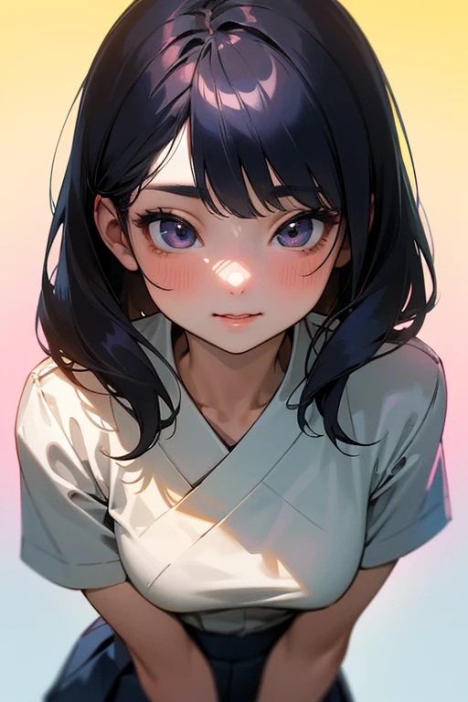 Beautiful Japanese Woman, Soft skin and a nice perfect face, A small face with a nose and rosy lips, Beautiful Eyes, Beautiful smile. black, Surrounded by a bright, ethereal glow、Thin, long, beautiful hair. A loose, medium hairstyle with gradation highlights and grey layers, Navy band collar shirt x yellow houndstooth flare skirt, Bright neon colorful background, Hyperrealistic female photos, High quality high resolution 8K masterpiece