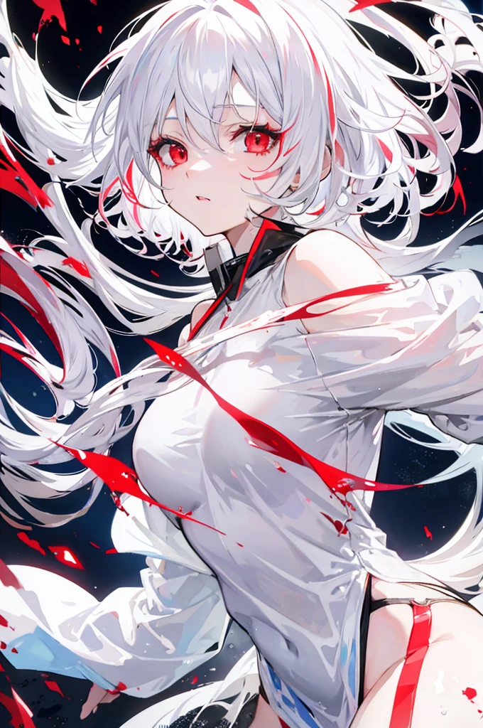 woman with white hair, Red Eyes, soaking in water