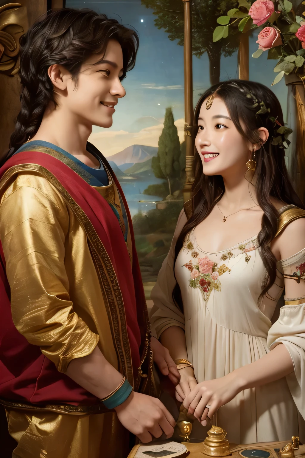 Giorgione painting style,Arguments of two female Philosophe,math、astronomical machine、astronaut、roses in vase、fruits、Cute trinkets、smile、ancient greek costume、Background is a forest lake at night 、Clothes that stretch your shoulders、A big smile、beautiful bare skin、A detailed representation of the seducing woman throughout her body.
