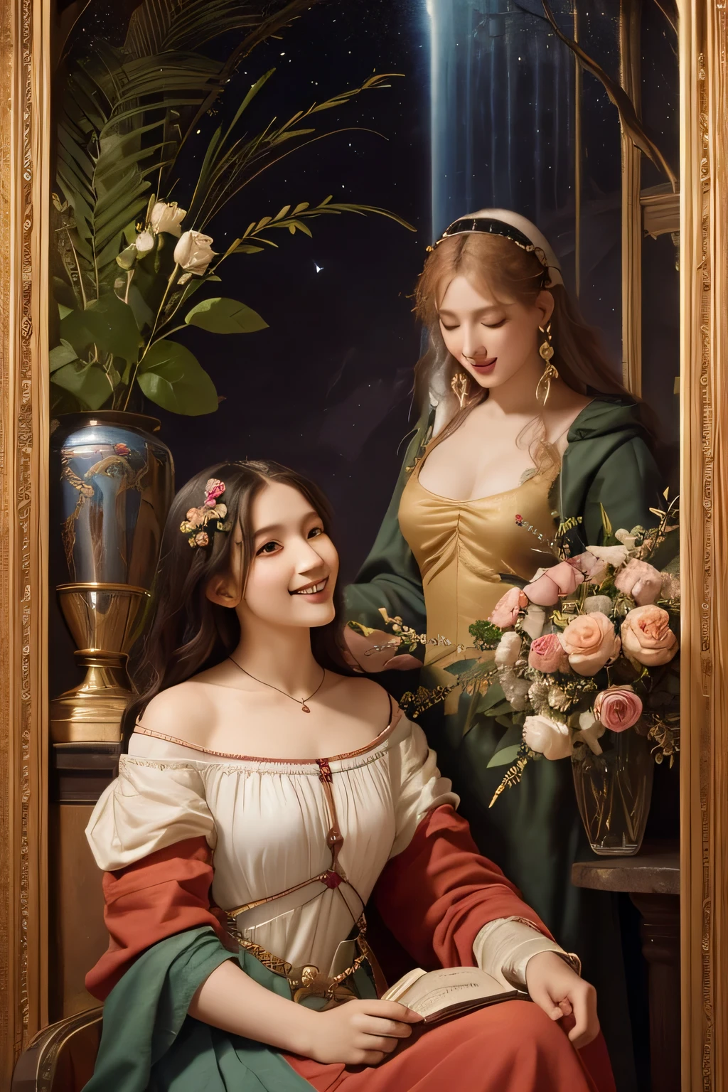 Giorgione painting style,Arguments of two female Philosophe,math、astronomical machine、astronaut、roses in vase、fruits、Cute trinkets、smile、ancient greek costume、Background is a forest lake at night 、Clothes that stretch your shoulders、A big smile、beautiful bare skin、A detailed representation of the seducing woman throughout her body.