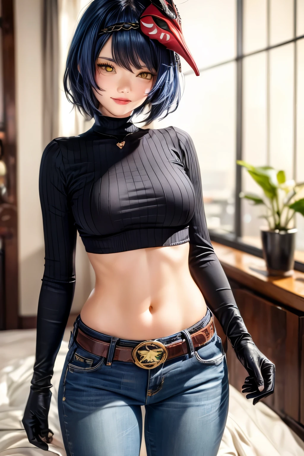 1girl, (long sleeved turtleneck sweater, long jeans, iron belt, boots), ((midriff, navel)), looking at viewer, fashion pose, hotel room, on bed, smile, (cinematic lighting, best quality, masterpiece, high details, best quality, highres, HD, 4K, 8k, super detail), (mask on head, blue hair, short hair, yellow eyes, gloves)