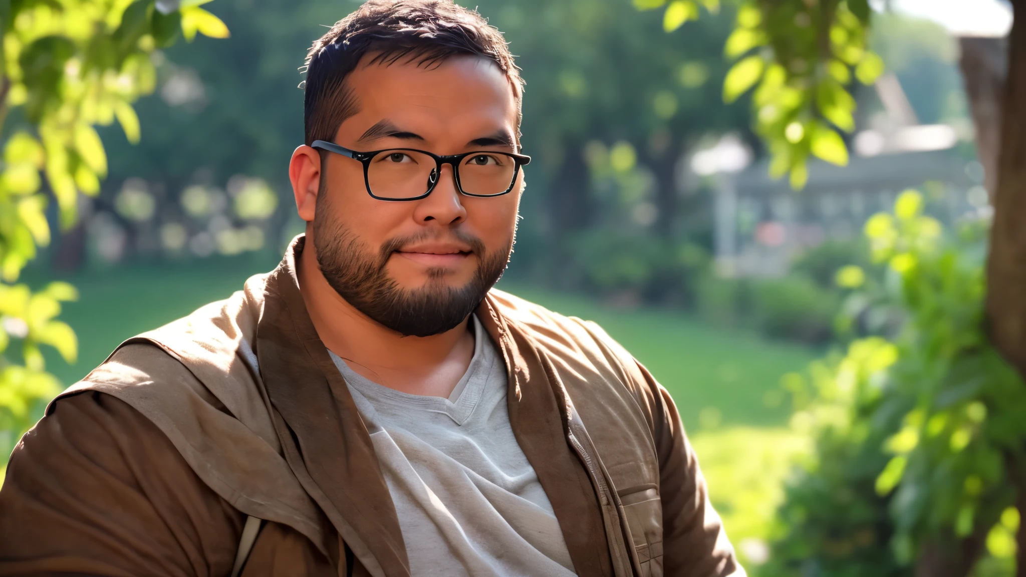 An award-winning original photo, a handsome 35-year-old man, crew cut, full body, mature man, [slightly fat], asian, brown eyes, glasses, (slightly balding), 1boy, Solo, (big shoulder), stubbles, (Short beard), Dynamic Angle, volumetric lighting, (Best quality, A high resolution, Photorealistic), Cinematic lighting, Masterpiece, RAW photo, Intricate details, hdr, depth of field, landscape, Bear ears，big nostrils，blacksmith。