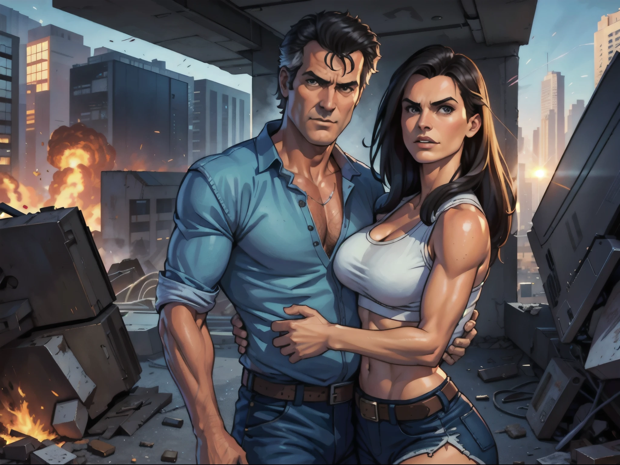 Bruce Campbell e Gabrielle Anwar , running from an exploding building, roupas rasgadas, Roupa Suja, cena do programa de TV Burn Notice, ((visualizador de frente))