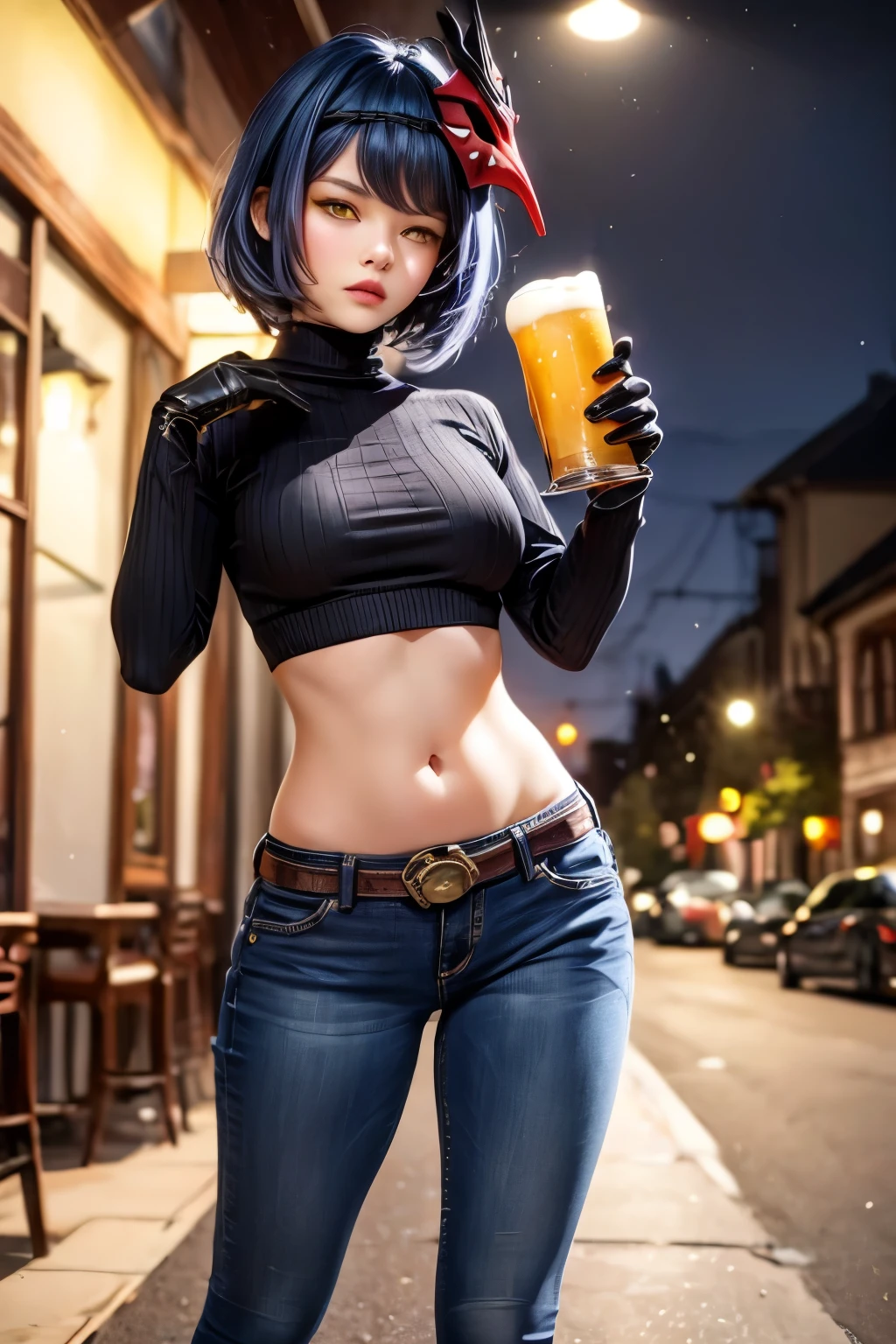 1girl, (long sleeved turtleneck sweater, long jeans, iron belt, boots), ((midriff, navel)), looking at viewer, fashion pose, beer in hand, town pub, (cinematic lighting, best quality, masterpiece, high details, best quality, highres, HD, 4K, 8k, super detail), (mask on head, blue hair, short hair, yellow eyes, gloves)