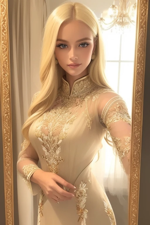 A (((blonde woman))) dressed in a luxurious, intricate (((embroidered dress))), captured in an ethereal, selfie that exudes timeless elegance, glamour lighting natural