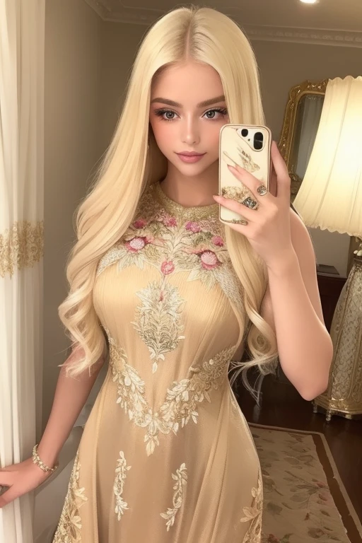 A (((blonde woman))) dressed in a luxurious, intricate (((embroidered dress))), captured in an ethereal, selfie that exudes timeless elegance, glamour lighting natural