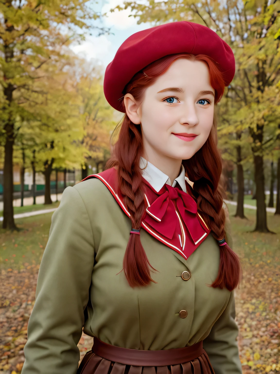 (best quality,4k,8k,highres,masterpiece:1.2),ultra-detailed,(realistic,photorealistic,photo-realistic:1.37), ((deutschland, mittelalter, nebliger bergwald, a young German school girl, she wears vintage uniform, solo, lachen und spielen)), ((unusually large bust size for her young age)), she is shy, ((big breasts)), she wears small beret, she wears no bra, braided red hair, pale skin, full body, lifting skirt