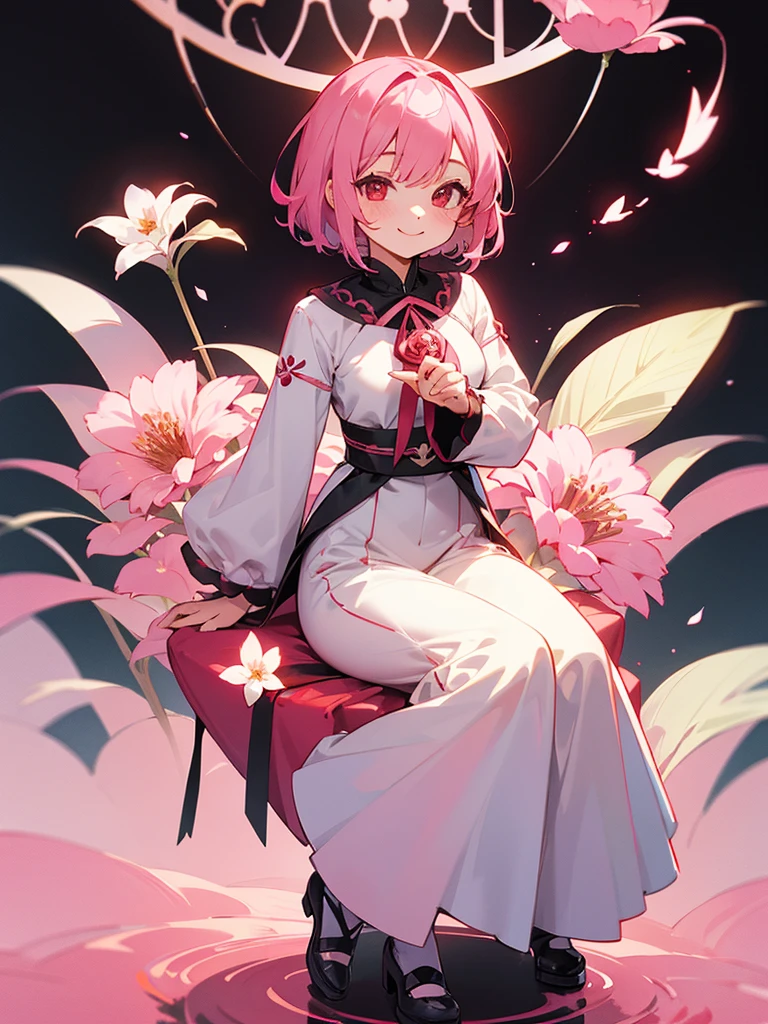 1girl, pink hair, short hair, red eyes, flower motifs, smile, full body, seated, onee-san, big sister energy,