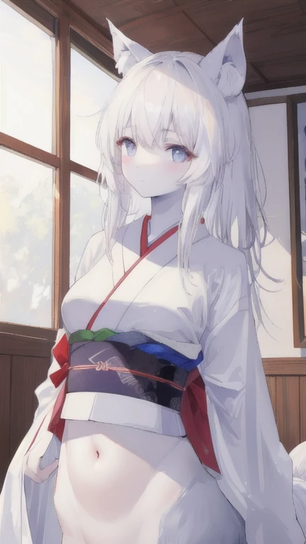 (best quality, masterpiece), 1 girl, centaur, It takes,White skin, kimono , belly button t-shirt, 아름다운 소녀 perfect wolf photo, perfect wolf photo