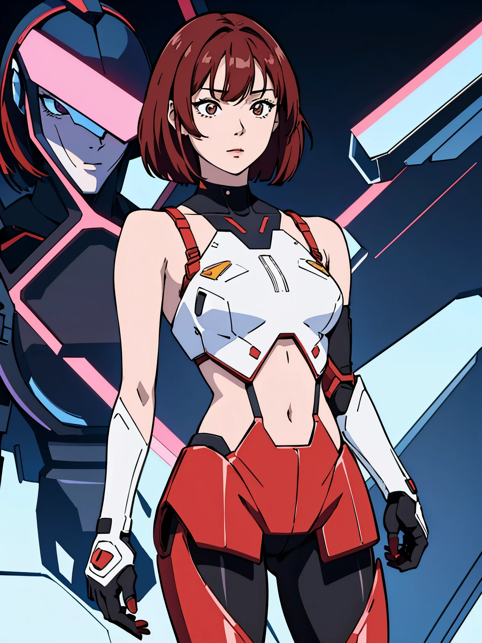 digital art drawing, illustration of (Winter from k-pop group aespa, short red hair with bangs, brown eyes, flat chest, topless, nude, cyborg girl, android, droid, mecha, mechanical fusion, exoskeleton, metal robotic arms, evil look, wires and cables connecting to the head, neon details, cyberpunk 2077), anime drawing/art, bold linework, illustration, digital art, masterpiece, flat illustration, no shadows, 8k resolution, high detail, vector art, only anime, perfect eyes, perfect hands, perfect fingers, sharpness, high clarity, medium shot, high fidelity

