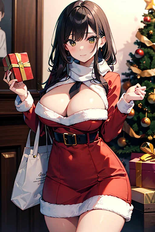 (Image Board:1.3), ((Mature girl in sexy Santa Claus costume:1.3, Red dress and green, Hold the present box in both hands and give it to the viewer.:1.2, Close to the audience:1.2)), Mature woman with long black hair and wearing red clothes, Red winter coat with fleece, scarf, green ribbon tie, Knee-length long boots, red and green winter clothing, holding a gift box wrapped in ribbon:1.5, A Christmas tree decorated with lots of ornaments:1.2, white bag on the sled, Wearing a red pencil skirt, Arabic, bodybian, Fine details, Beautiful anime illustrations, 28 years old, (Mature Woman:1.3), (alone:1.5), (SFW:1.25), (Saggy breasts, Fuju's Chest, big , Narrow waist, big ass:1.2), Raised to be sexy, (Dark mahogany medium short hair, Updo, Hair on one eye, Asymmetrical Hair, Curly Hair, Low braid), (Muslim, white Headscarf, hair band, Today my head, turbaned), (Ultra-high resolution, 8K Raw Photos, Photorealistic, Thin contours:1.3, Clear focus), highest quality, Cinema Lighting, Fabric Shading, Blurred Background, field of depth, Bokeh, (Bright Eyes, Beautiful eyes with fine highlights:1.3, Very fine eye, A face with attention to detail), Red lips, Realistic Skins:1.1, Looking at the audience:1.3, (Dynamic Angle:1.3, whole body:1.3, Front view:1.1, Focus House:1.3, From below:1.2), (Dynamic pose:1.5, Sexy pose:1.2, Sit with your knees hugged:1.3, Leaning forward:1.2), (Fascinating, Shy happy smile:1.4), Centered Images, (Wearing a long red coat、Wearing clothes, ((Bare Chest:1.37)), Gold ornaments, Wear a red dress around your waist, dark red long leather boots:1.3, translucent white lace pantyhose), (((Correct Anatomy:1.5, Perfect hands:1.5, Ideal body proportions:1.37))), (Overnight:1.3), (indoor:1.2, In front of the fireplace:1.3),