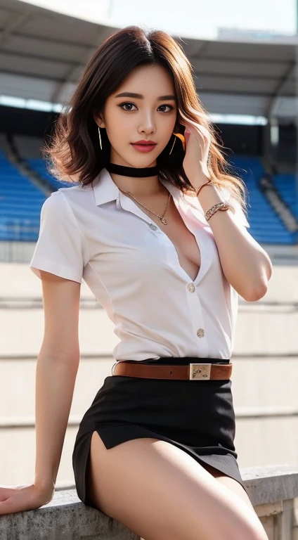 (High resolution 8K, Masterpiece, Only the best quality complicated details Chromatic aberration) realistic ((small breasts)) Hair sprinkled in one eye., Very large round silver earrings worn on the ears.., Diamond choker, red gemstone necklace, medium sized silver necklace, bracelet, Many bracelets, leather strap watch, Anklet, Waist necklace, stilettos, sharp eyes, necklace, (symmetrical eyes), (Perfect symmetrical body), (Photo of a beautiful 19 year old age girl..), Beautiful and charming with contemporary fashion paintings as well.., looking at the audience, ((Sitting in the five-tiered red amphitheater behind a large glass room..)), ((black short skirt)),(((tired ((white short sleeve shirt), ( Open the shirt and show off the small breasts.,Soft milk), no bra)), (open chest),)), (Medium soft chest)), (Long square leather belt buckle), Put your hands down, (Light brown golden blonde bob, large spiral curls, (There is some hair covering the face...)), sharp eyeliner, dark eyes, eyelid, Blush with thick eyelashes, Curly eyelashes, Very delicate and beautiful, Sharp focus. elegant. (Spread your legs moderately in the stands.. ) (open legs, Look at the panties..) (open your legs and lift your left leg up. (natural release) It&#39;s an attractive example., Keep your legs at natural eye level..., separate from each other, black stockings, (University outfit)

